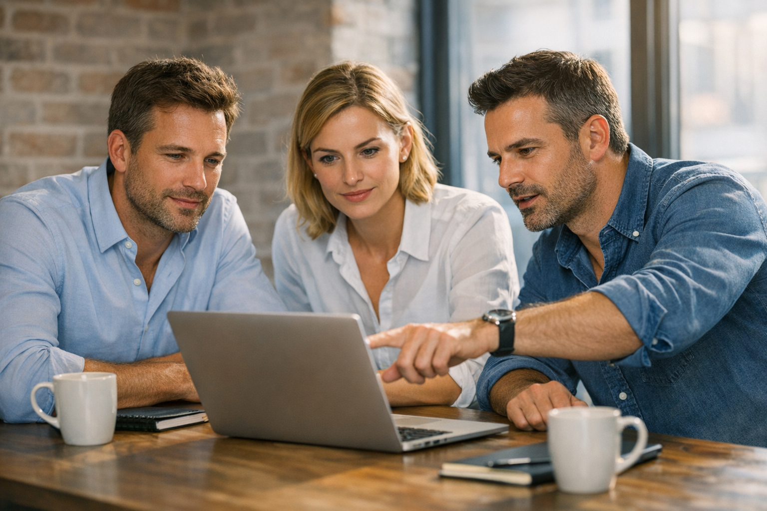 Professionals Focused on Laptop in Modern Office with Exposed Brick