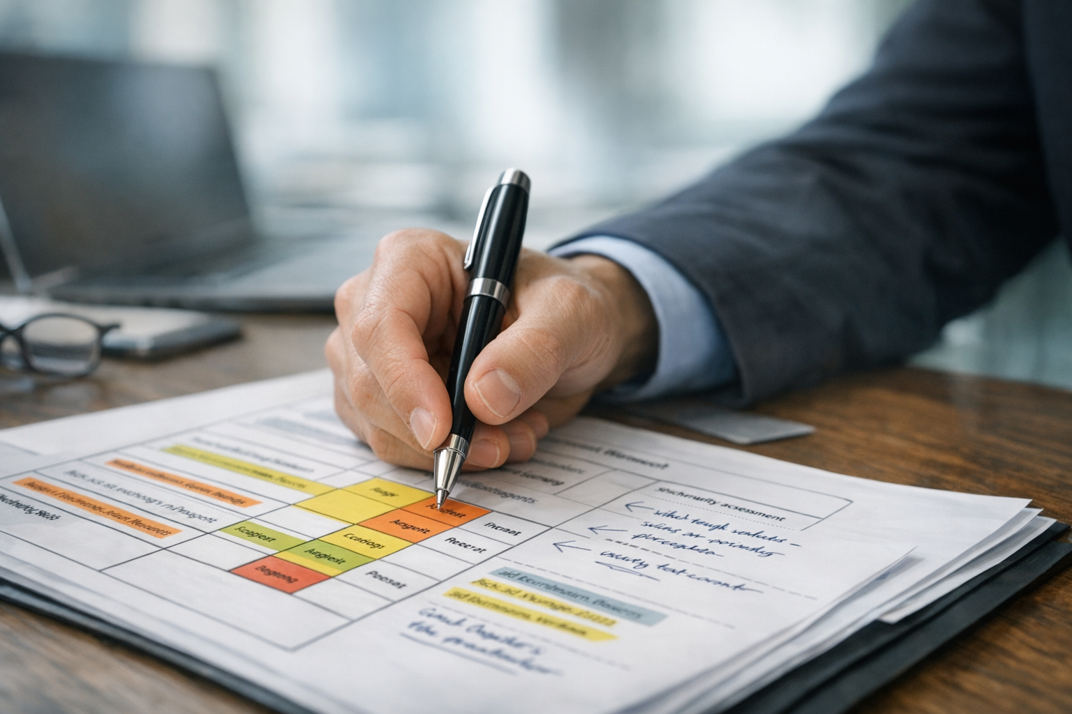 Business Professional Annotating Risk Assessment Document Business Professional Annotating Risk Assessment Document